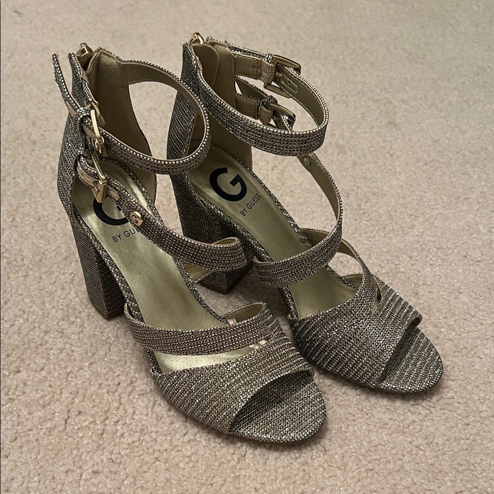 G by Guess Metallic Gold Strappy Block Heel Sandals